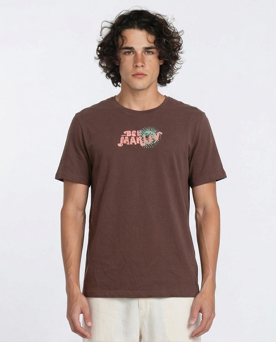 Man wearing a brown t-shirt with a logo on a white background