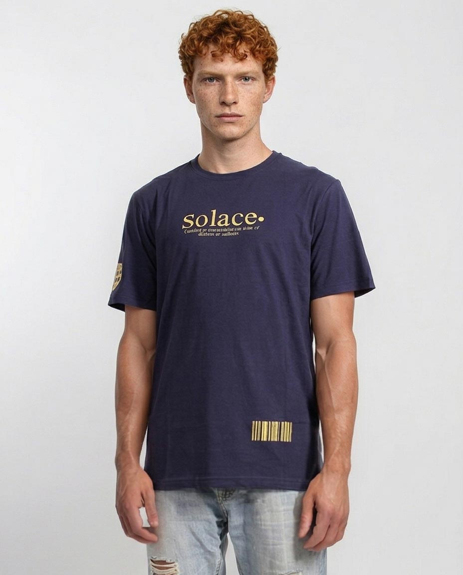Man wearing a navy blue t-shirt with 'solace' logo on a white background