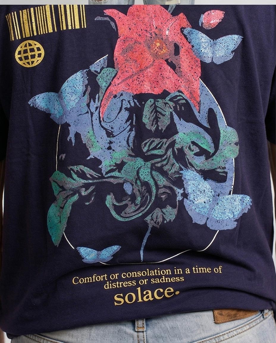 Ravin Solace Collection: Navy Blue Butterfly & Floral Graphic Tee - O203085