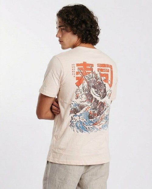 تي شيرت رافين دراجون سوشي بجرافيك كبير الحجم - ملابس الشارع بخط ياباني - تي شيرت بوهو عصري بيج - O203093