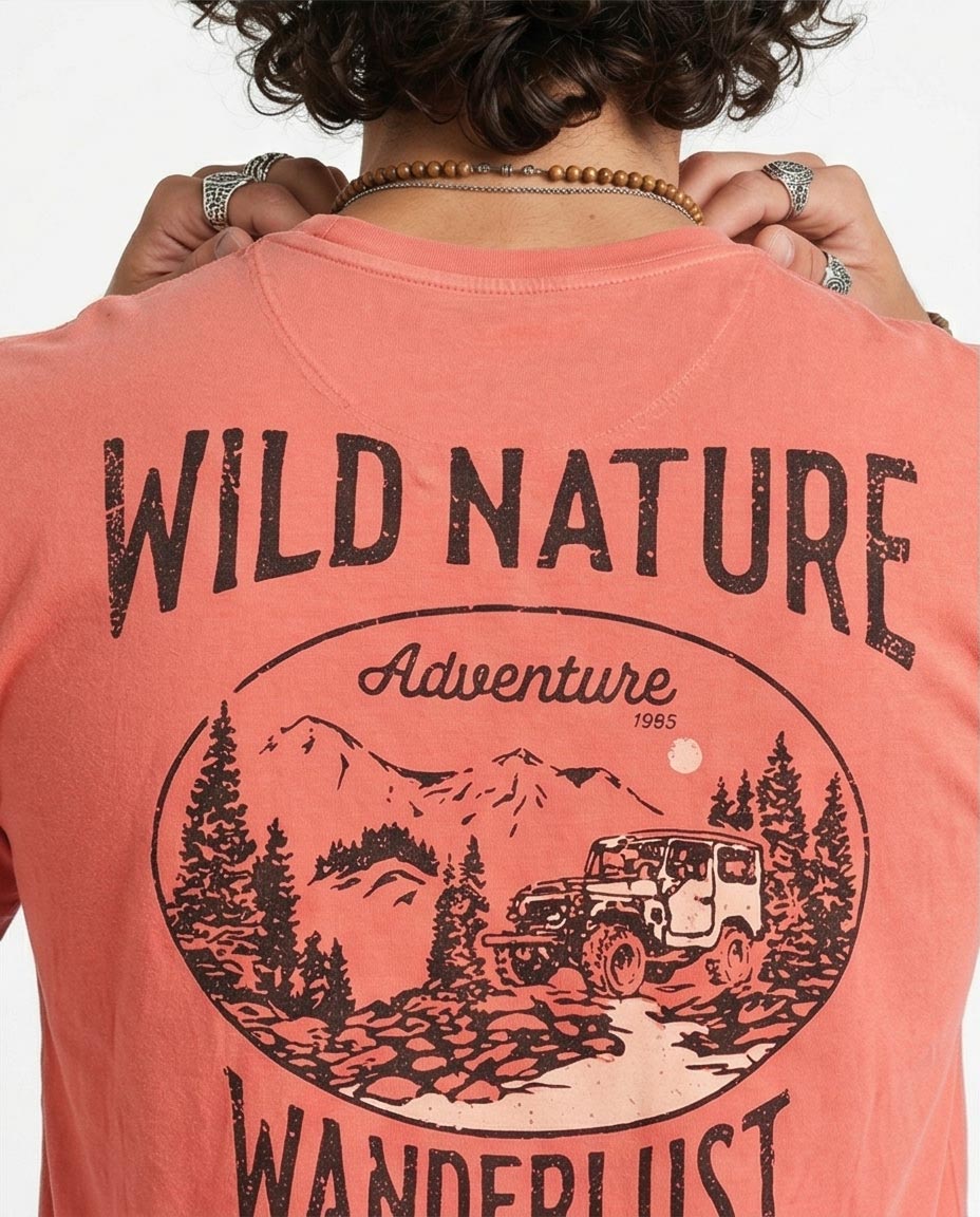 تيشيرت رافين رجالي مطبوع عليه رسومات Wild Nature Wanderlust - لون مرجاني باهت - O203099
