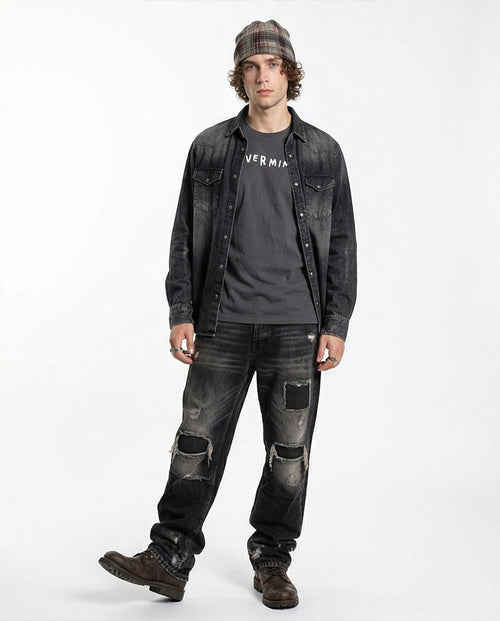 تيشيرت رجالي من رافين بتصميم "نيرفانا نيفرمايند" - تيشيرت غرانج فينتاج بلون فحمي - O203108