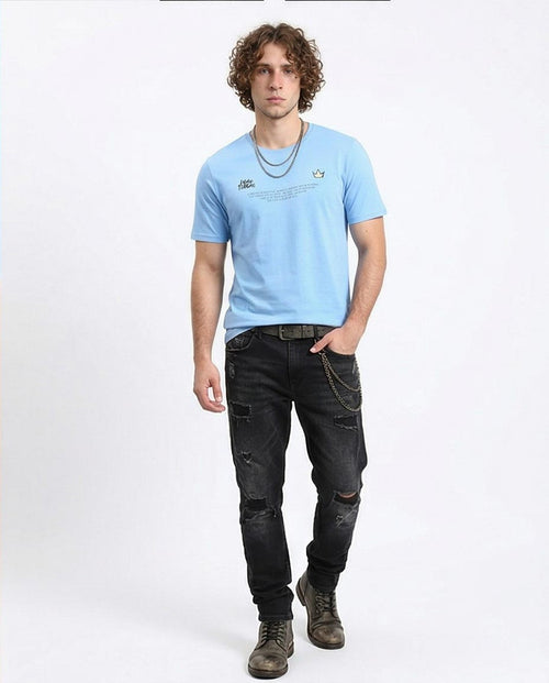 تيشيرت رجالي من رافين بطبعة مايك تاورز - أزرق فاتح برقبة دائرية وتصميم بولت مطبوع على الظهر - O203117