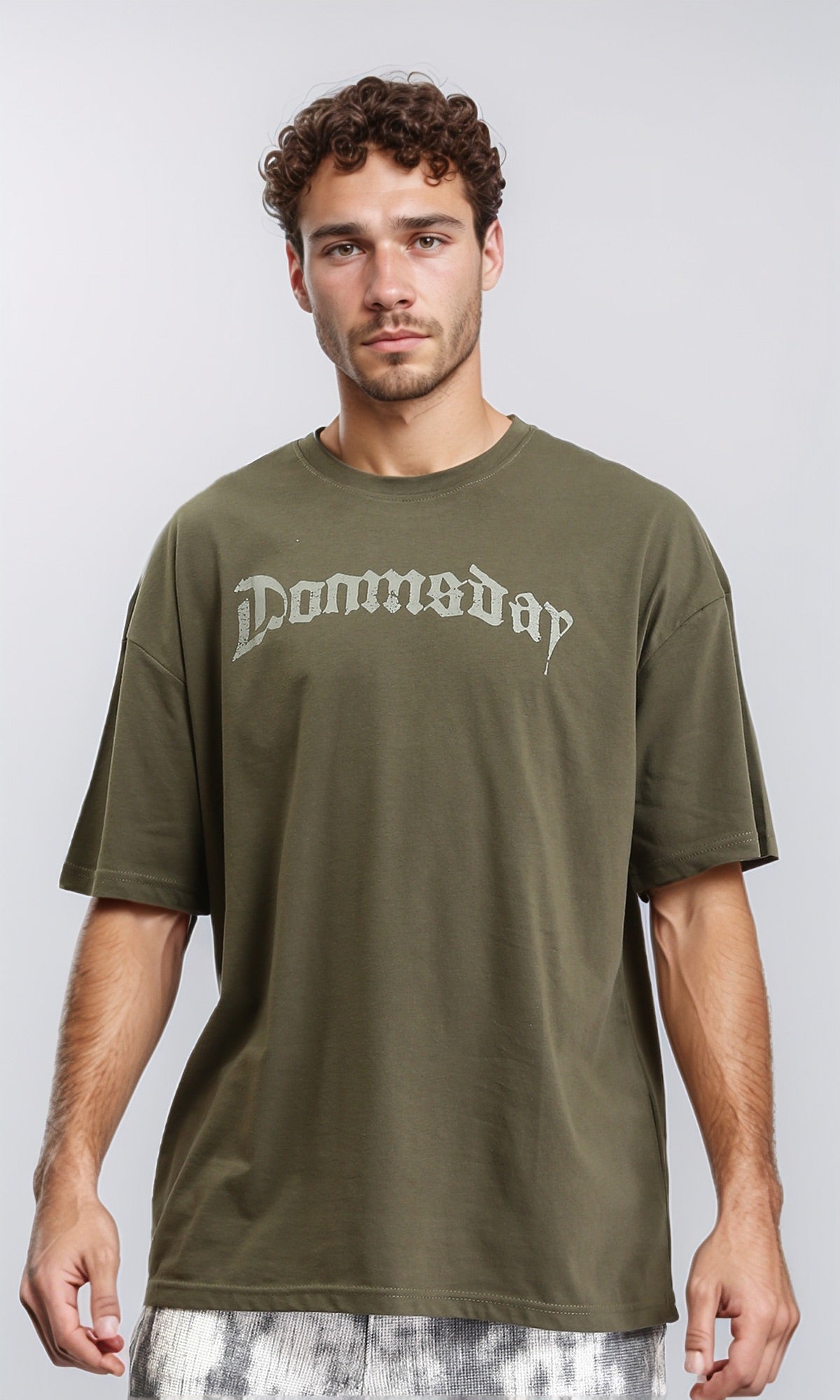 Printed Elbow Sleeves Casual Tee - Dark Olive