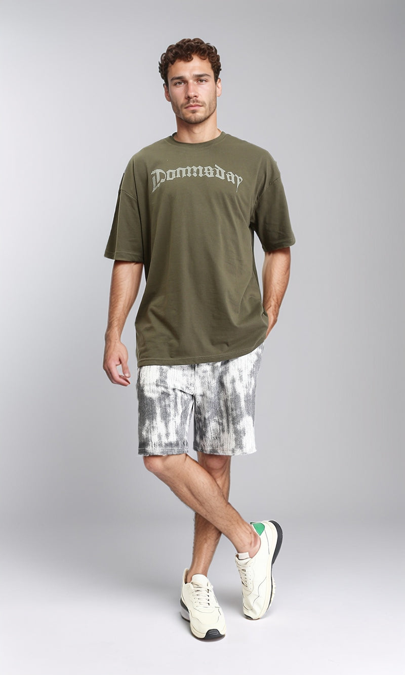 O203120 - Printed Elbow Sleeves Casual Tee - Dark Olive