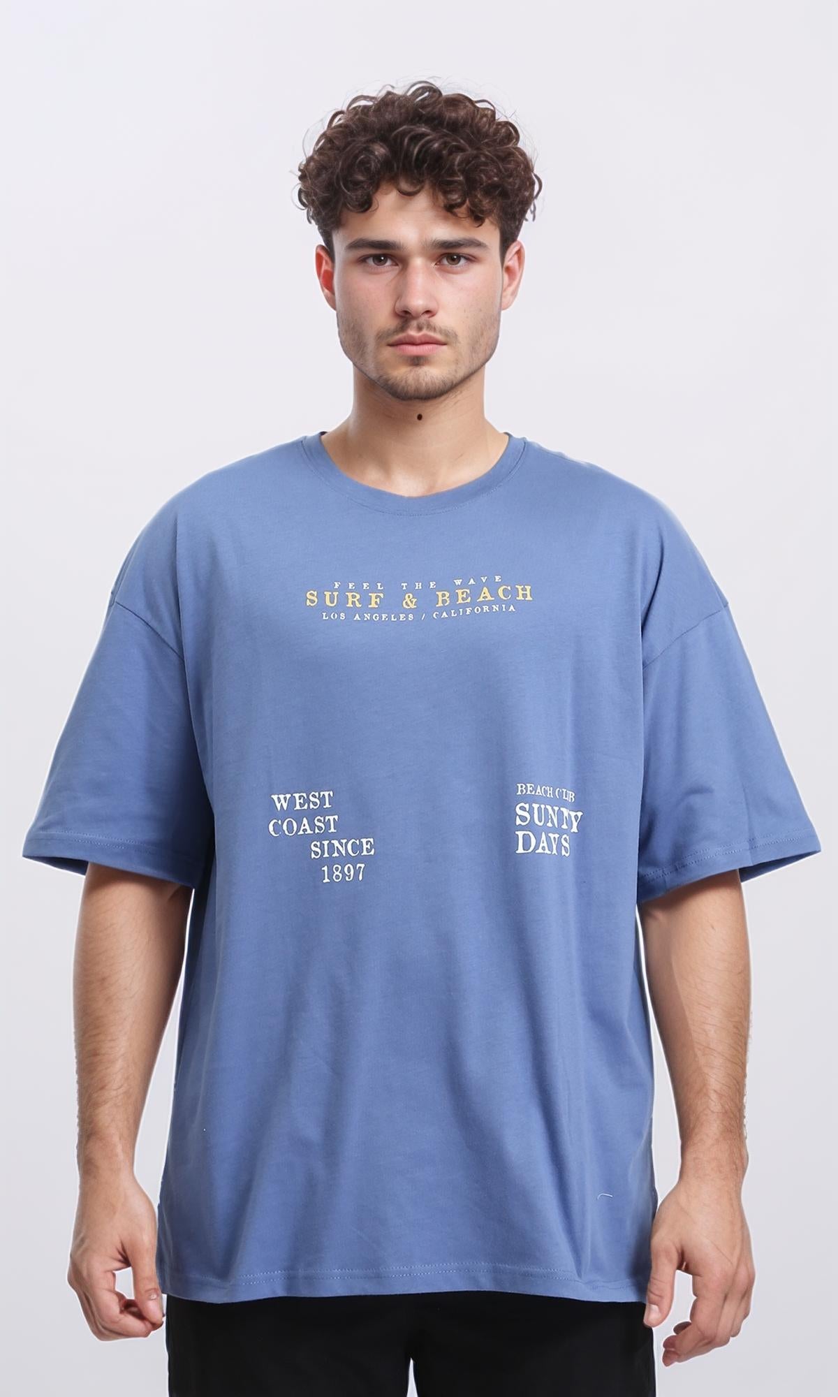 "surf & Beach" Elbow Sleeves Summer Tee - Greyish Blue