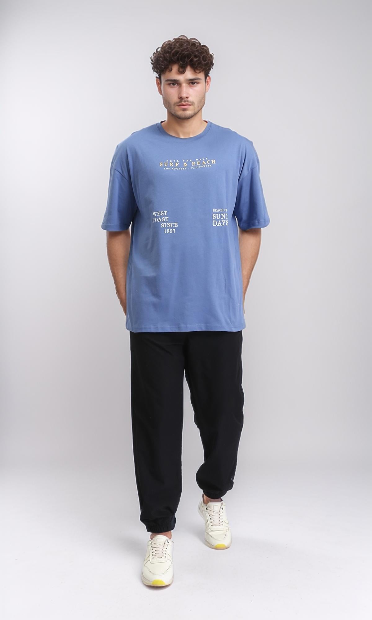 O203134 - "Surf & Beach" Elbow Sleeves Summer Tee - Greyish Blue