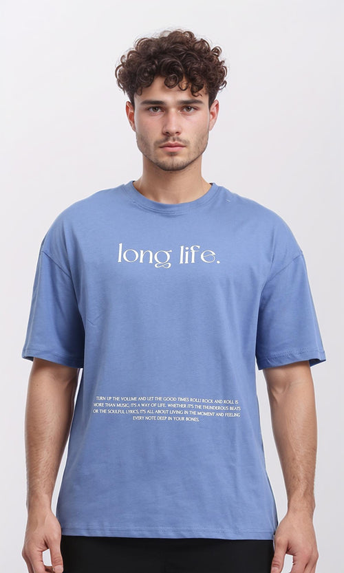 O203135 - Printed "Long Life" Relaxed Tee - Greyish Blue