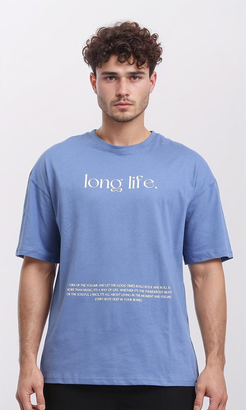 O203135 - Printed "Long Life" Relaxed Tee - Greyish Blue