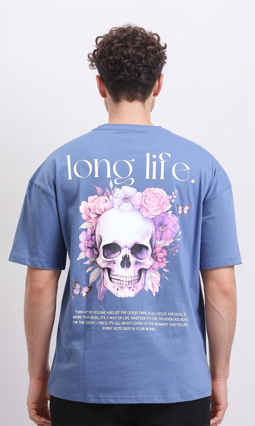 O203135 - Printed "Long Life" Relaxed Tee - Greyish Blue