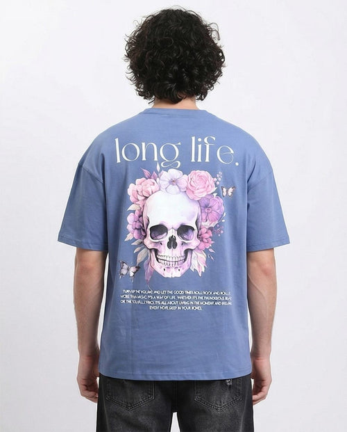 تيشيرت رافين فضفاض بطبعة جمجمة وزهور باللون الأزرق الداكن - O203135