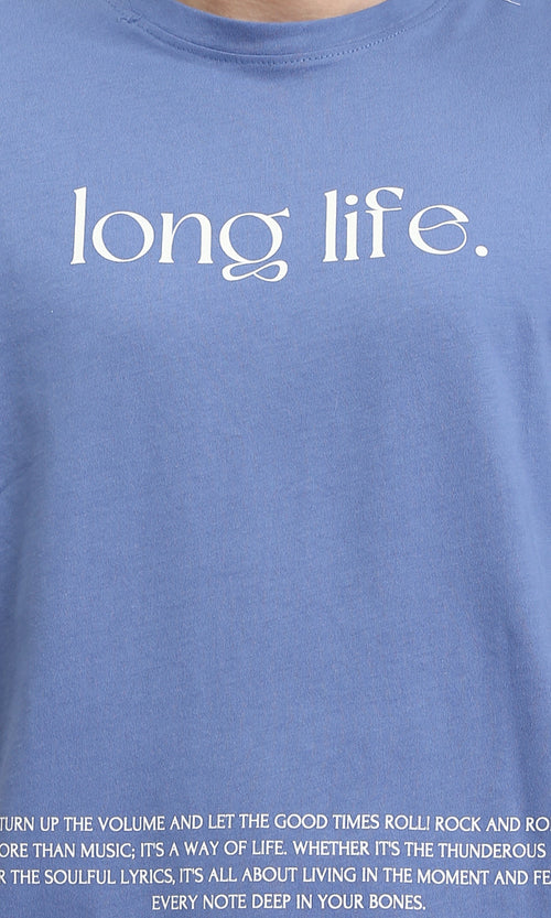 O203135 - Printed "Long Life" Relaxed Tee - Greyish Blue