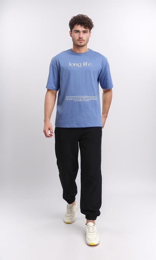 O203135 - Printed "Long Life" Relaxed Tee - Greyish Blue