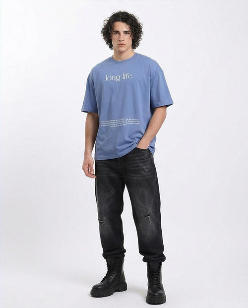 تيشيرت رافين فضفاض بطبعة جمجمة وزهور باللون الأزرق الداكن - O203135