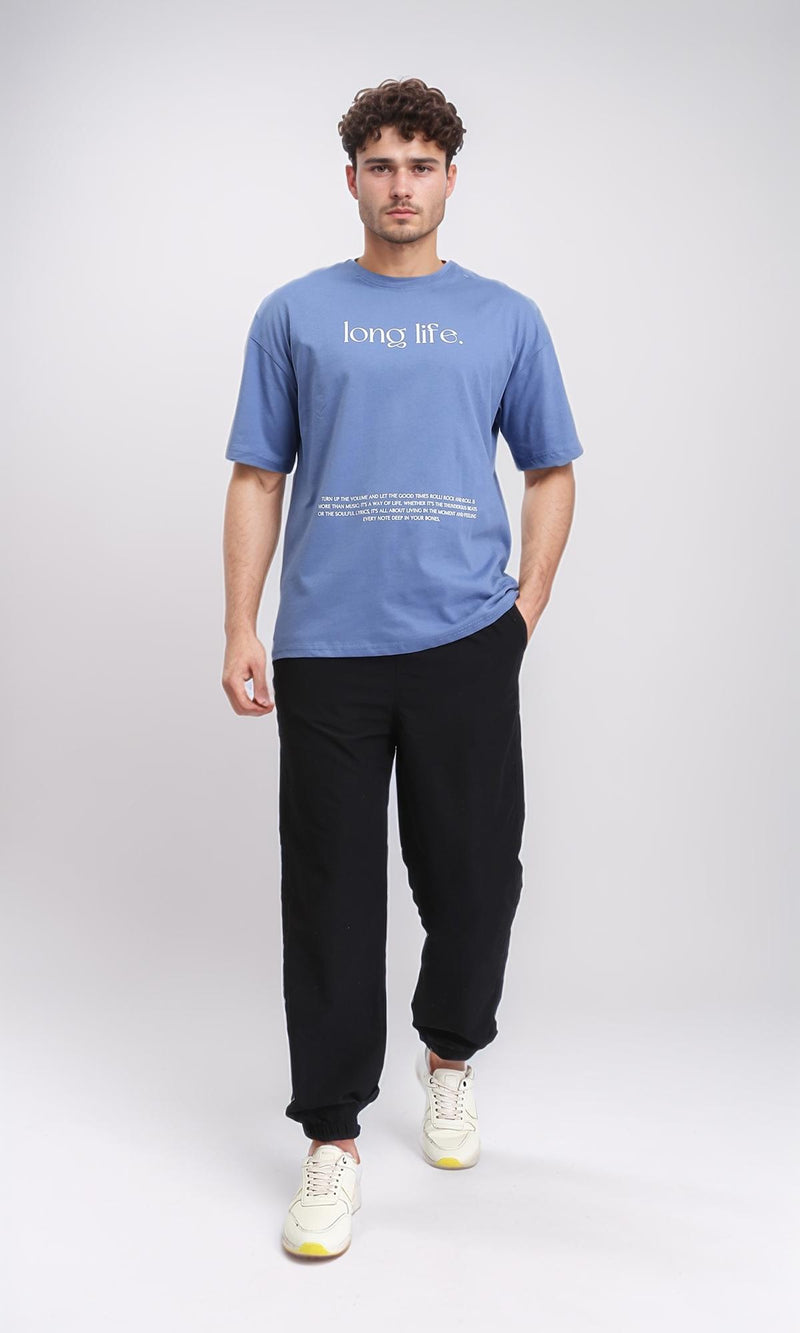 O203135 - Printed "Long Life" Relaxed Tee - Greyish Blue