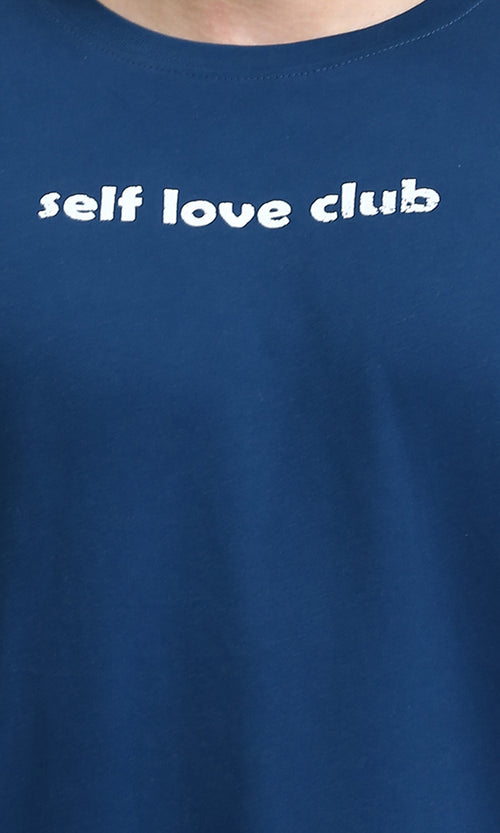 O203136 - تي شيرت قطني بياقة مستديرة "Self Love Club" - سماوي