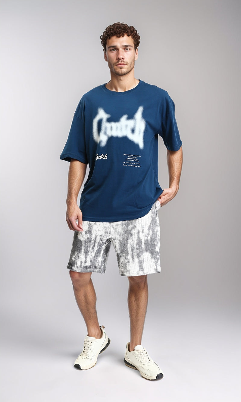 O203137 - Crew Neck Printed Elbow Sleeves Tee - Dark Petroleum