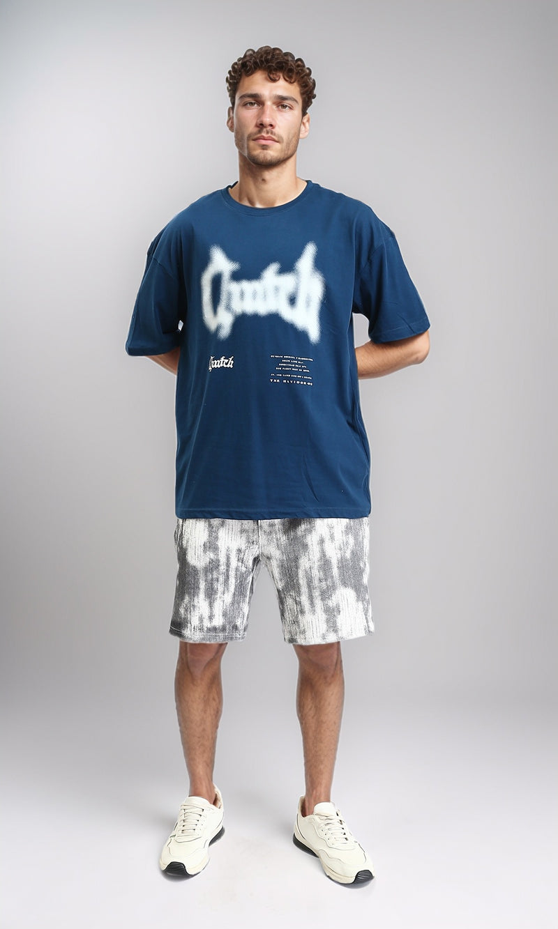 O203137 - Crew Neck Printed Elbow Sleeves Tee - Dark Petroleum