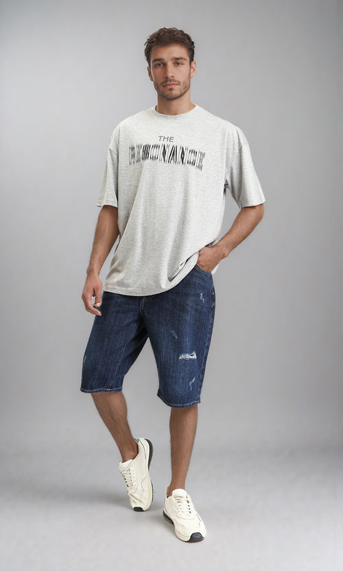 O203138 - Round Neck Printed Cotton Tee - Heather Grey