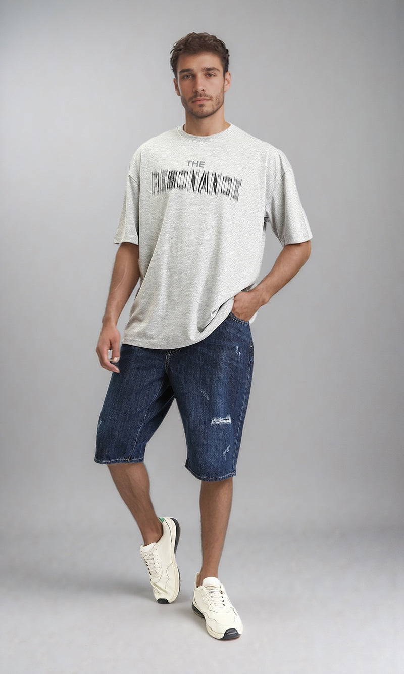 O203138 - Round Neck Printed Cotton Tee - Heather Grey