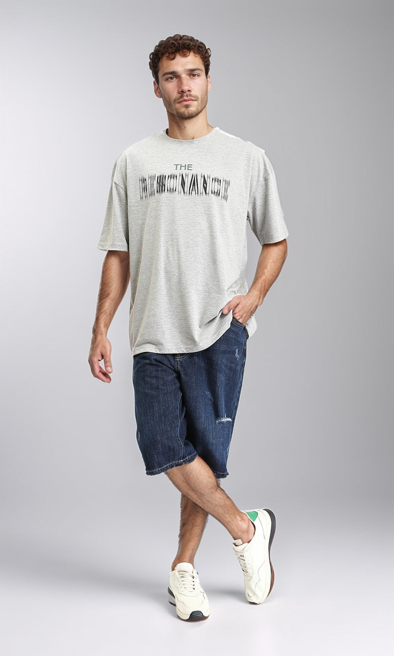 O203138 - Round Neck Printed Cotton Tee - Heather Grey