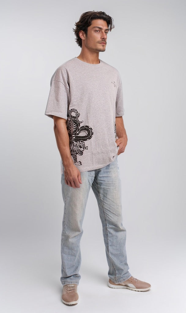 Graphic Print Oversized Heather Grey T-Shirt