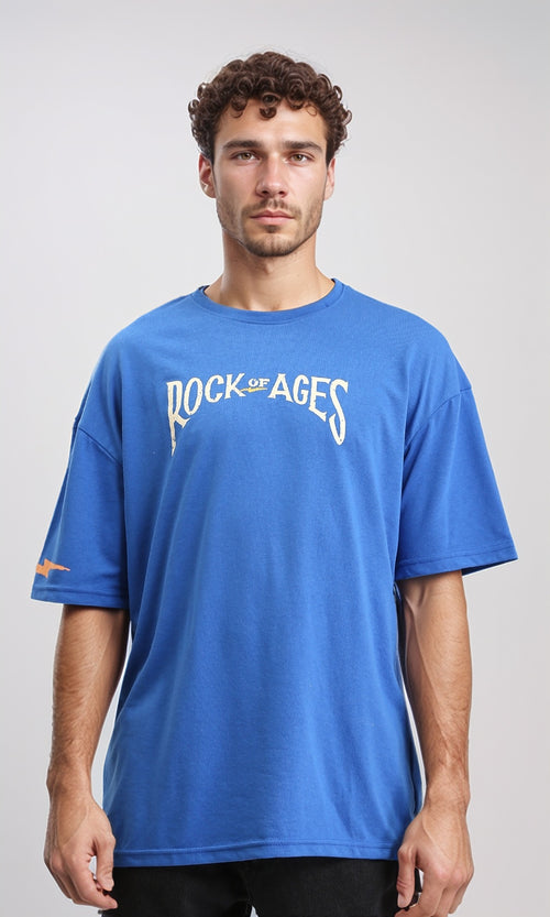 O203144 - "Rock Of Ages" Elbow Sleeves Cotton Tee - Blue