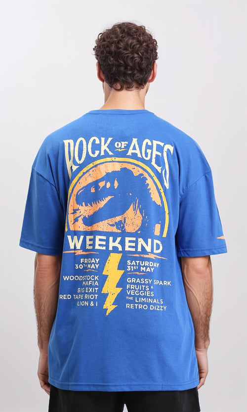 O203144 - "Rock Of Ages" Elbow Sleeves Cotton Tee - Blue