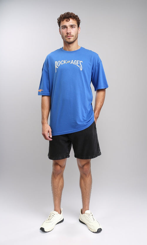 O203144 - "Rock Of Ages" Elbow Sleeves Cotton Tee - Blue