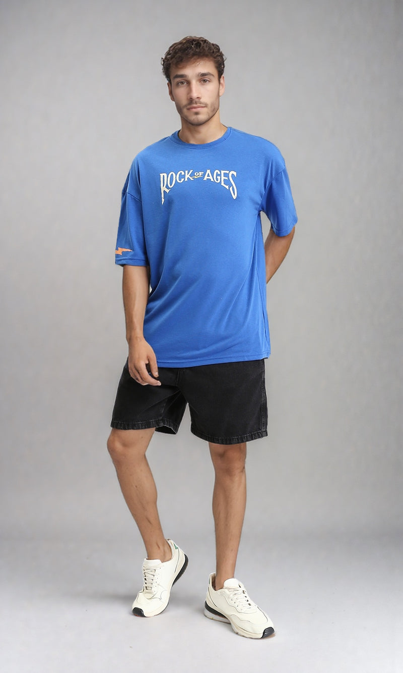 O203144 - "Rock Of Ages" Elbow Sleeves Cotton Tee - Blue