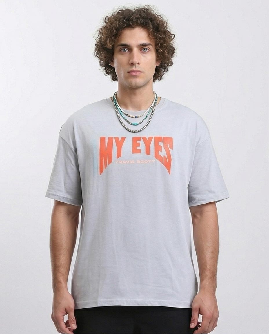 Man wearing a gray t-shirt with 'MY EYES' text in orange on a white background