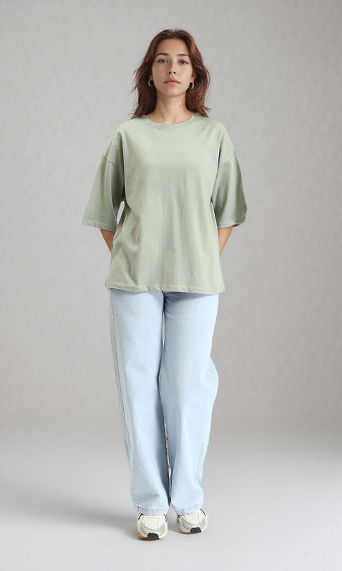 O203151 - Elbow Sleeves Solid Basic Tee - Pastel Olive