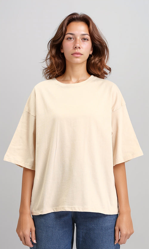 O203152 - Elbow Sleeves Solid Basic Tee - Beige