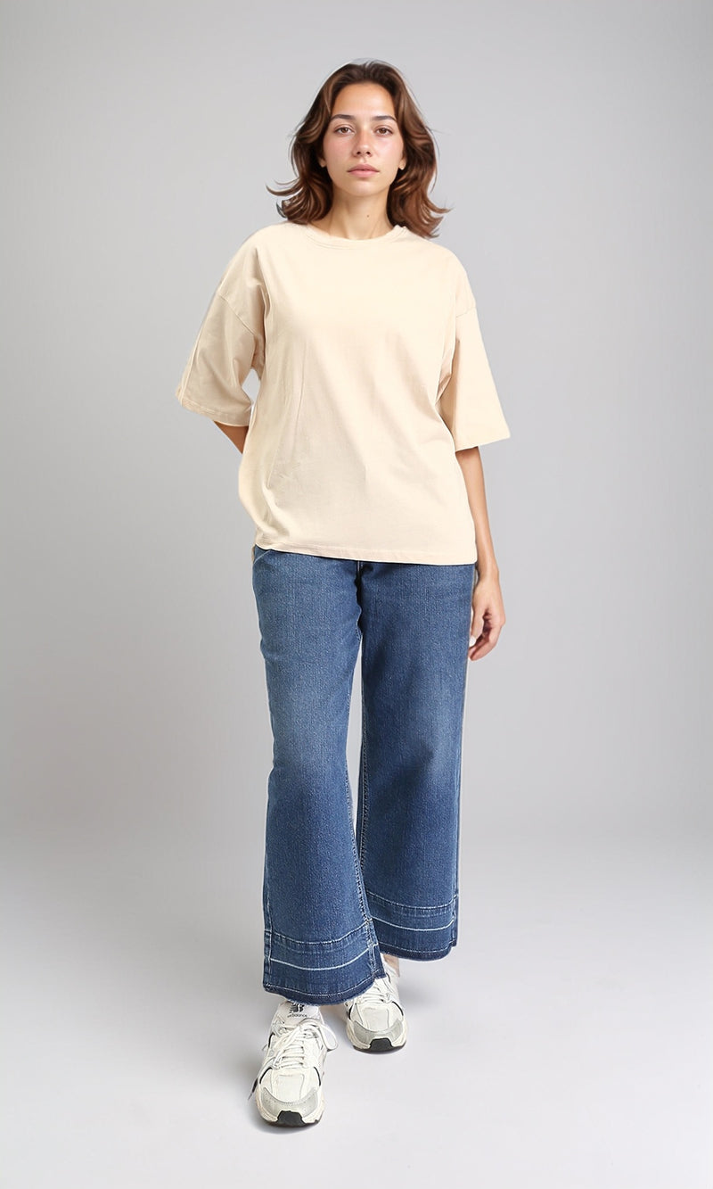 O203152 - Elbow Sleeves Solid Basic Tee - Beige