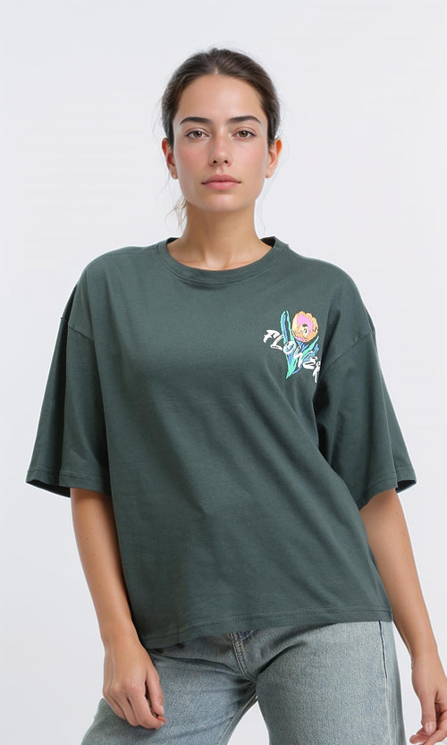 O203156 - Printed "Flower" Elbow Sleeves Tee - Forest Green