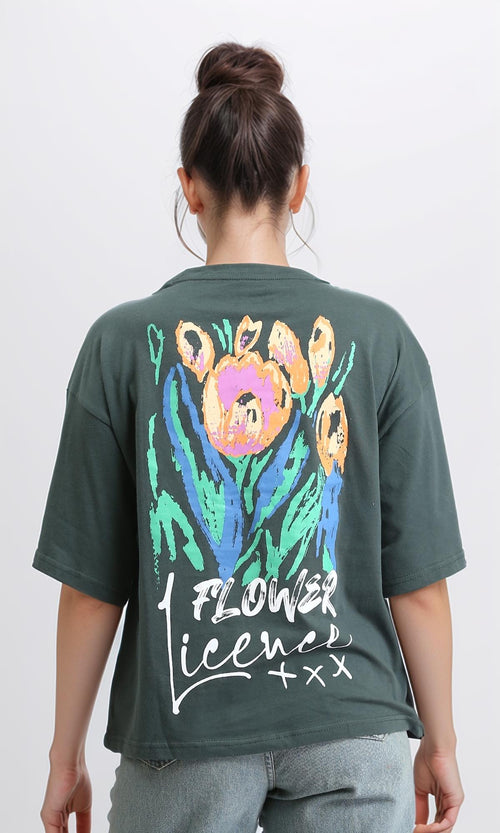 O203156 - Printed "Flower" Elbow Sleeves Tee - Forest Green