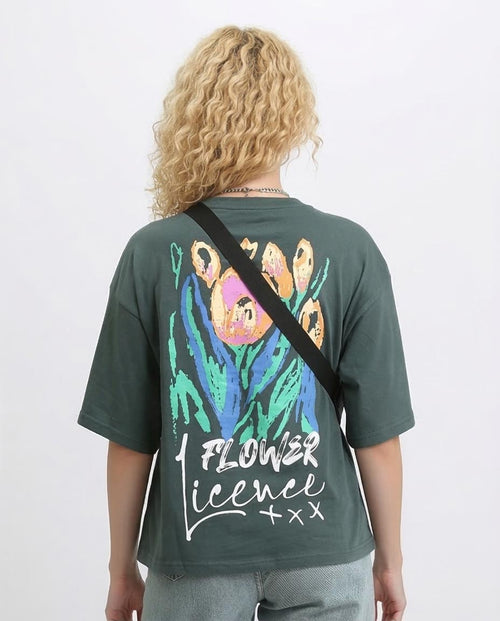 Ravin Unisex Oversized Graphic T-Shirt – Abstract Tulip Print - Forest Green - O203156