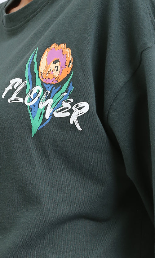 O203156 - Printed "Flower" Elbow Sleeves Tee - Forest Green