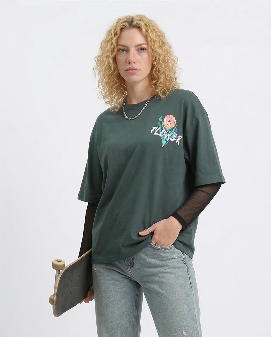 Ravin Unisex Oversized Graphic T-Shirt – Abstract Tulip Print - Forest Green - O203156