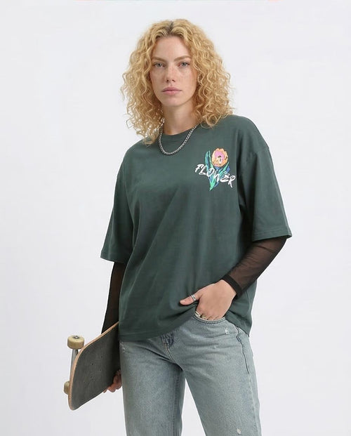 Ravin Unisex Oversized Graphic T-Shirt – Abstract Tulip Print - Forest Green - O203156