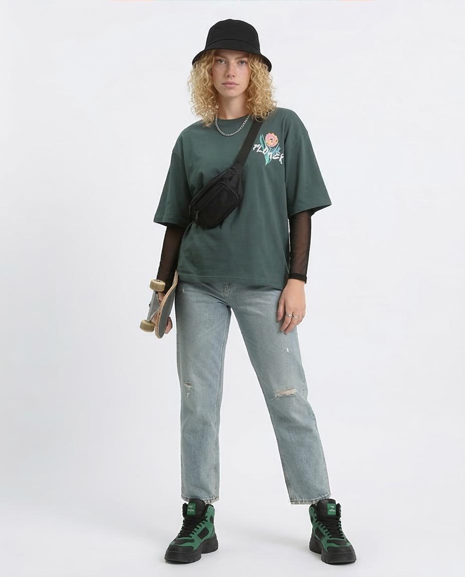 Ravin Unisex Oversized Graphic T-Shirt – Abstract Tulip Print - Forest Green - O203156