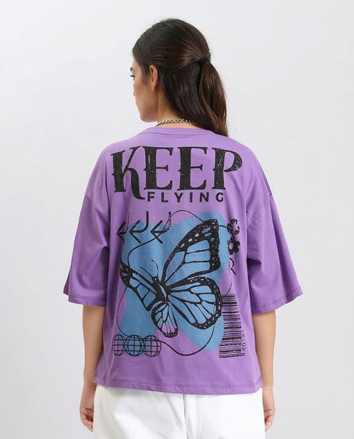 Ravin Purple Oversized 'KEEP FLYING' Graphic T-shirt for Women with Butterfly and Globe Back Print - O203157