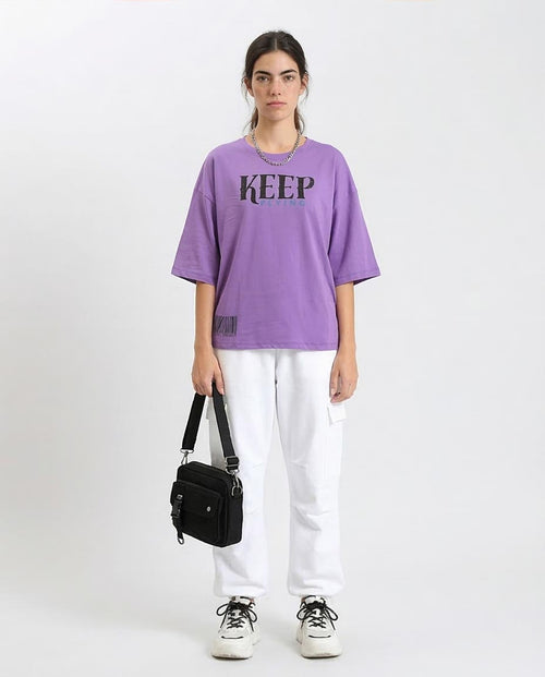 Ravin Purple Oversized 'KEEP FLYING' Graphic T-shirt for Women with Butterfly and Globe Back Print - O203157