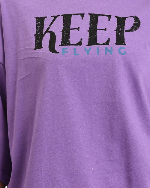 Ravin Purple Oversized 'KEEP FLYING' Graphic T-shirt for Women with Butterfly and Globe Back Print - O203157