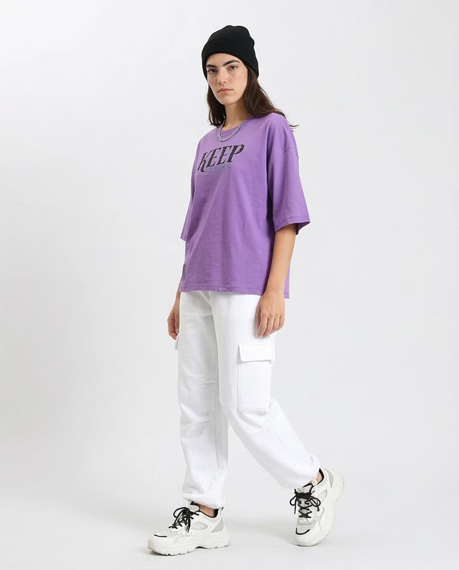 Ravin Purple Oversized 'KEEP FLYING' Graphic T-shirt for Women with Butterfly and Globe Back Print - O203157