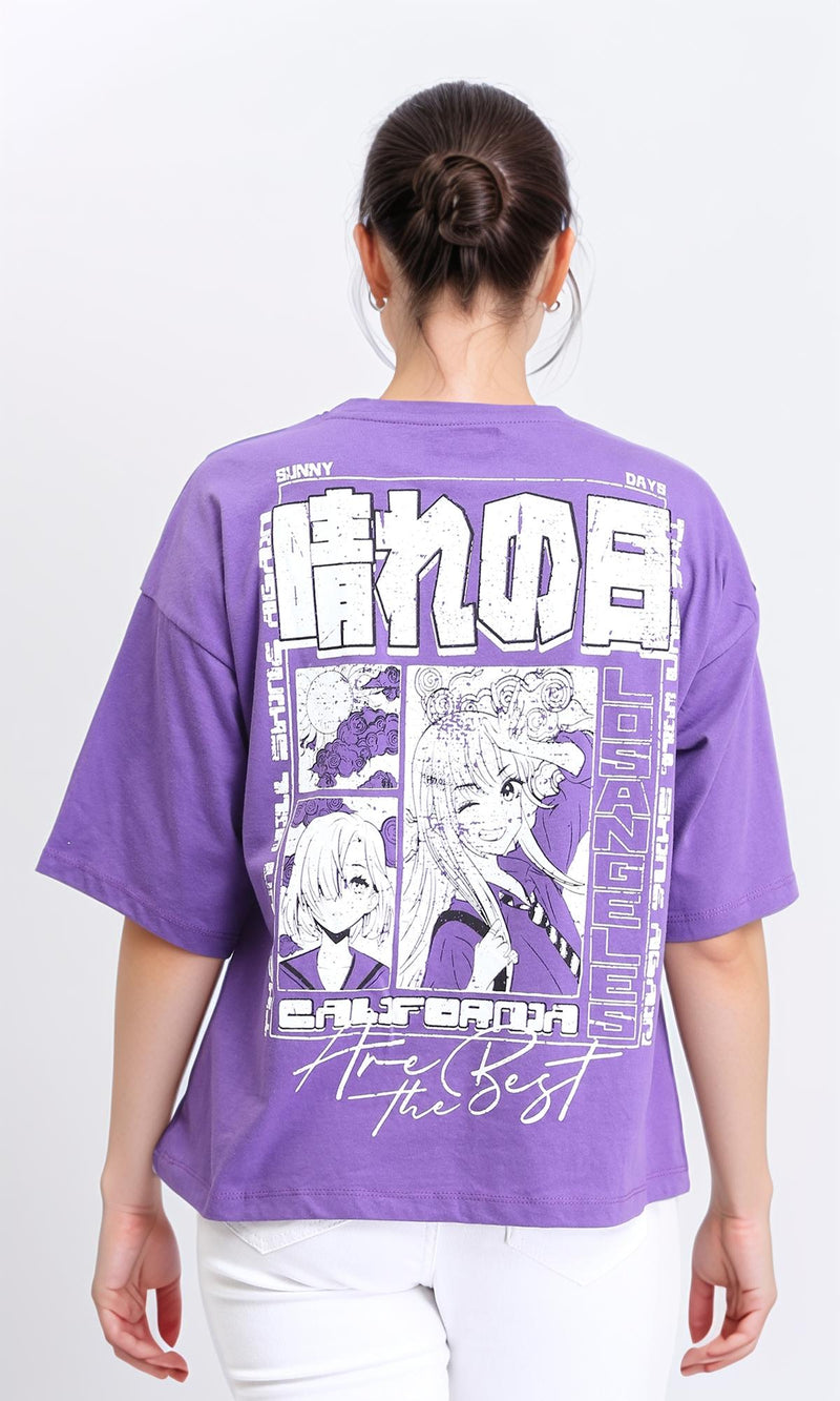 O203158 - Slip On Printed Oversized Summer Tee - Purple