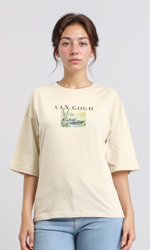 O203159 - "Van Gogh" Elbow Sleeves Summer Tee - Beige