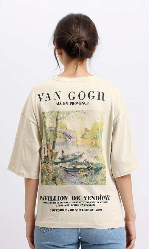 O203159 - "Van Gogh" Elbow Sleeves Summer Tee - Beige