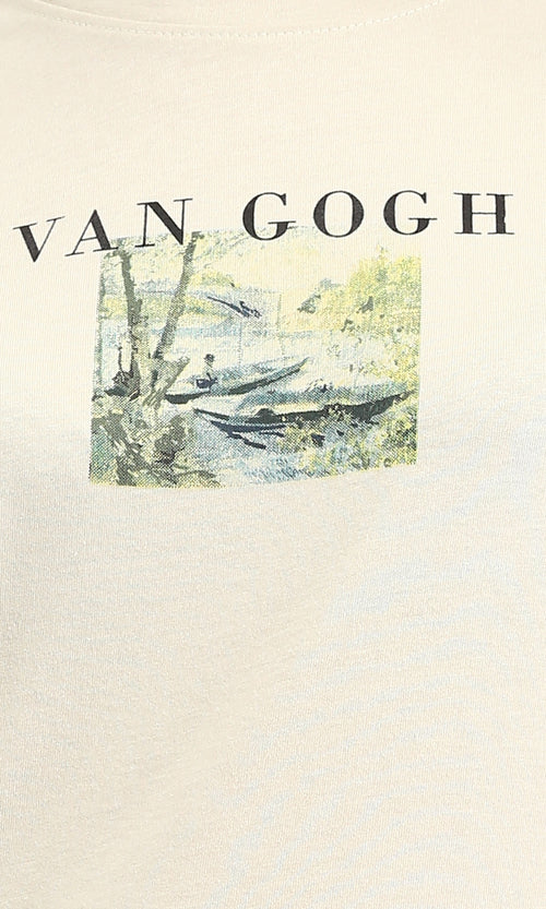 O203159 - "Van Gogh" Elbow Sleeves Summer Tee - Beige