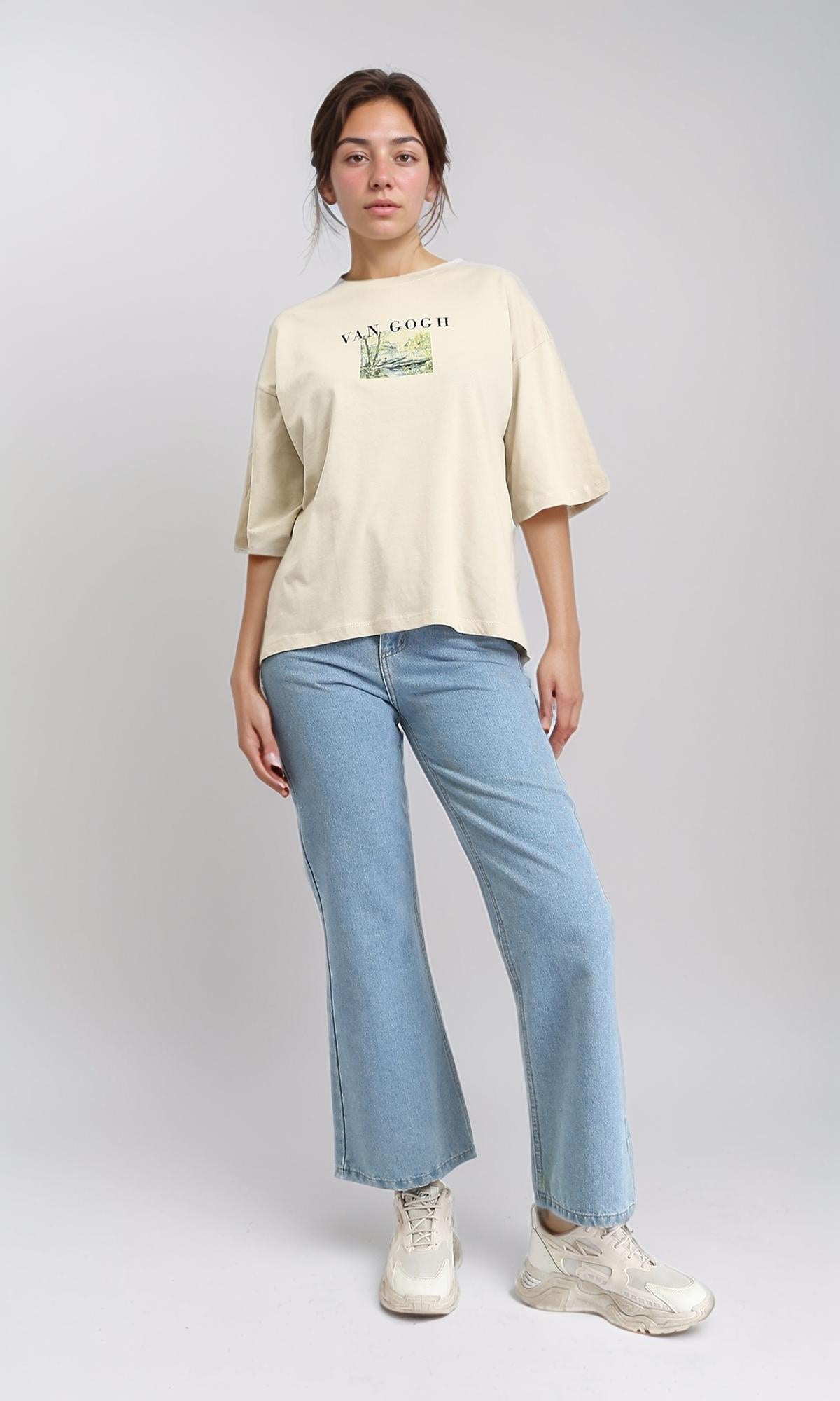 O203159 - "Van Gogh" Elbow Sleeves Summer Tee - Beige